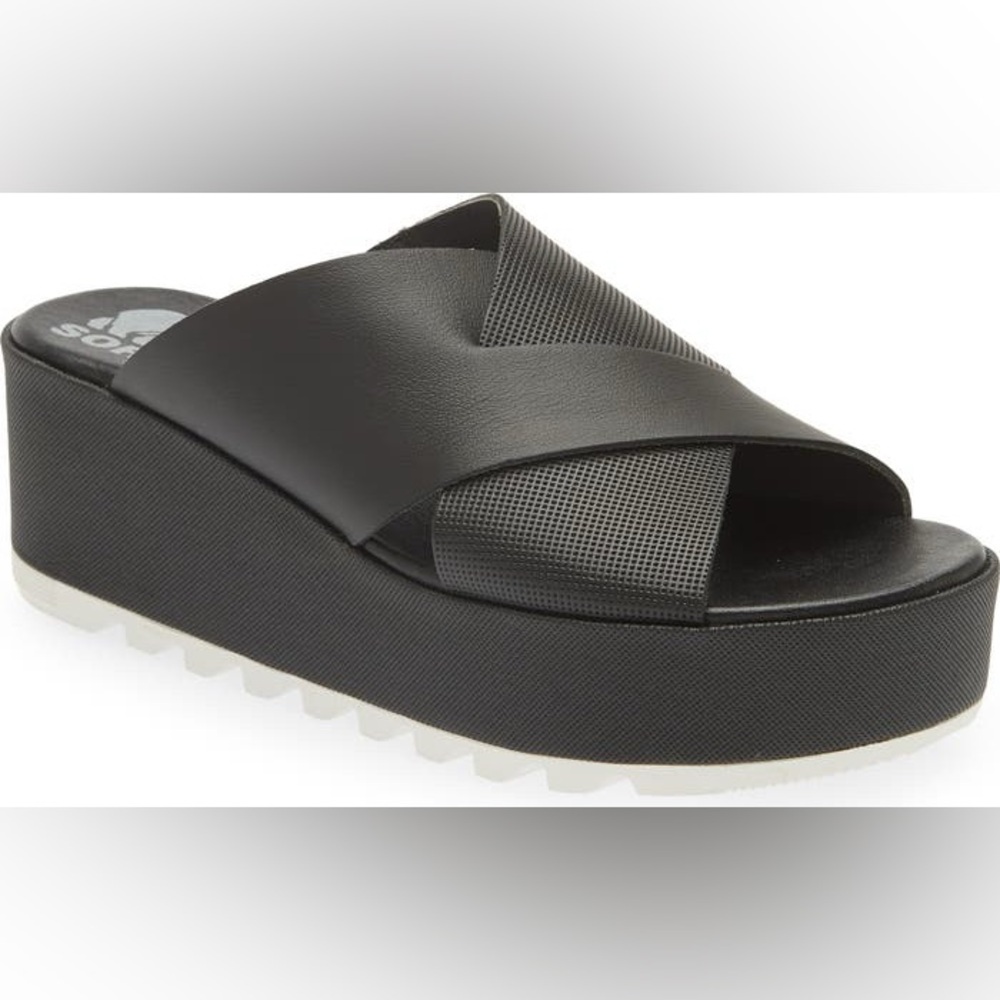 Sorel Cameron Flatform Mule Black Platform Sandals with Textured Straps